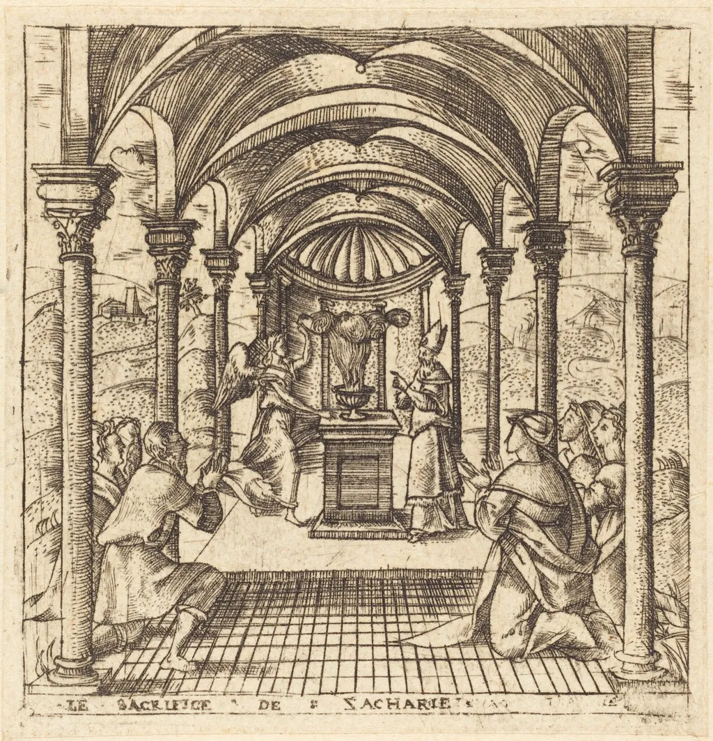 Zacharias and the Angel of the Lord, by Léonard Gaultier, ink, 1578
