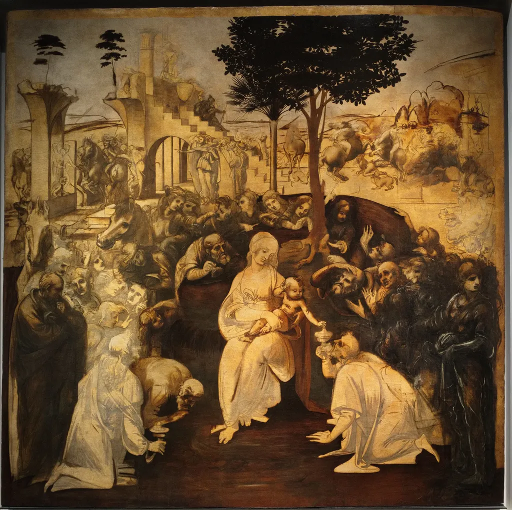 Adoration of the Magi, by Leonardo da Vinci, charcoal