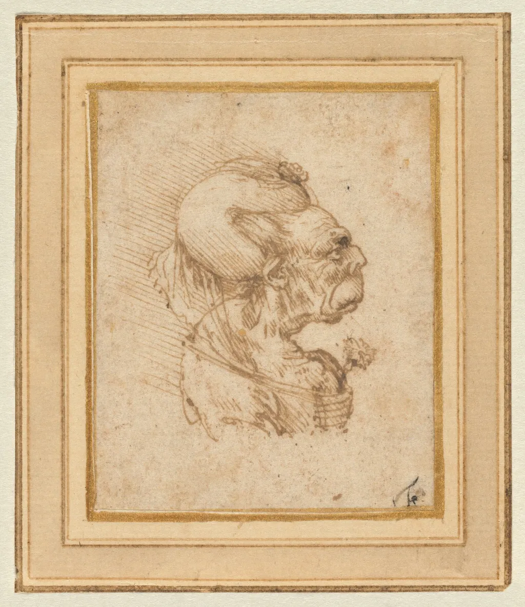 Grotesque Head of an Old Woman, by Leonardo da Vinci, ink