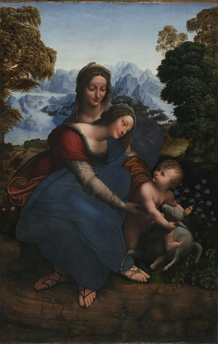 Madonna and Child with Saint Anne in a Landscape, by Leonardo da Vinci, oil, 1508