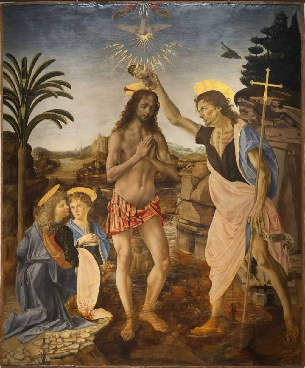 The Baptism of Christ, by Leonardo da Vinci, oil, 1470