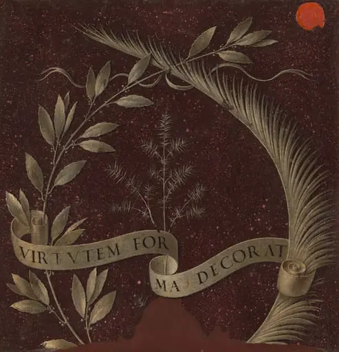 Wreath of Laurel, Palm, and Juniper with a Scroll inscribed Virtutem Forma Decorat [reverse], by Leonardo da Vinci