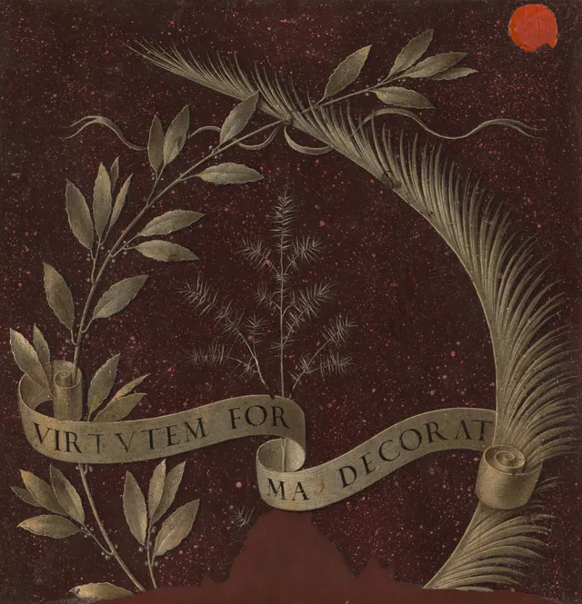 Wreath of Laurel, Palm, and Juniper with a Scroll inscribed Virtutem Forma Decorat [reverse]