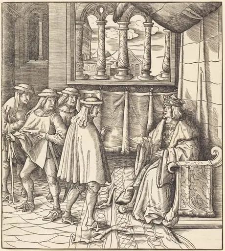 A King on a Throne, before him Four Men, by Leonhard Beck