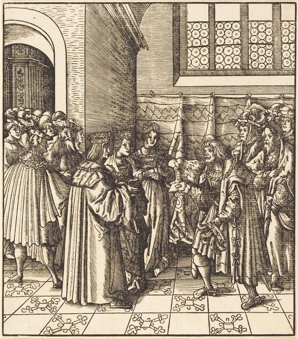 A Legation before a King, near Him Two Women Standing, by Leonhard Beck, ink, 1515