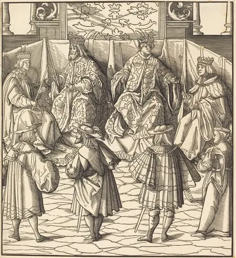 Assembly of Four Kings, in the foreground Four Men, by Leonhard Beck