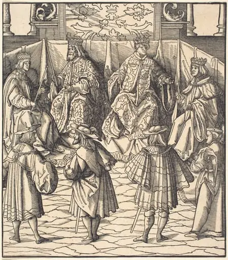 Assembly of Four Kings, in the foreground Four Men, by Leonhard Beck