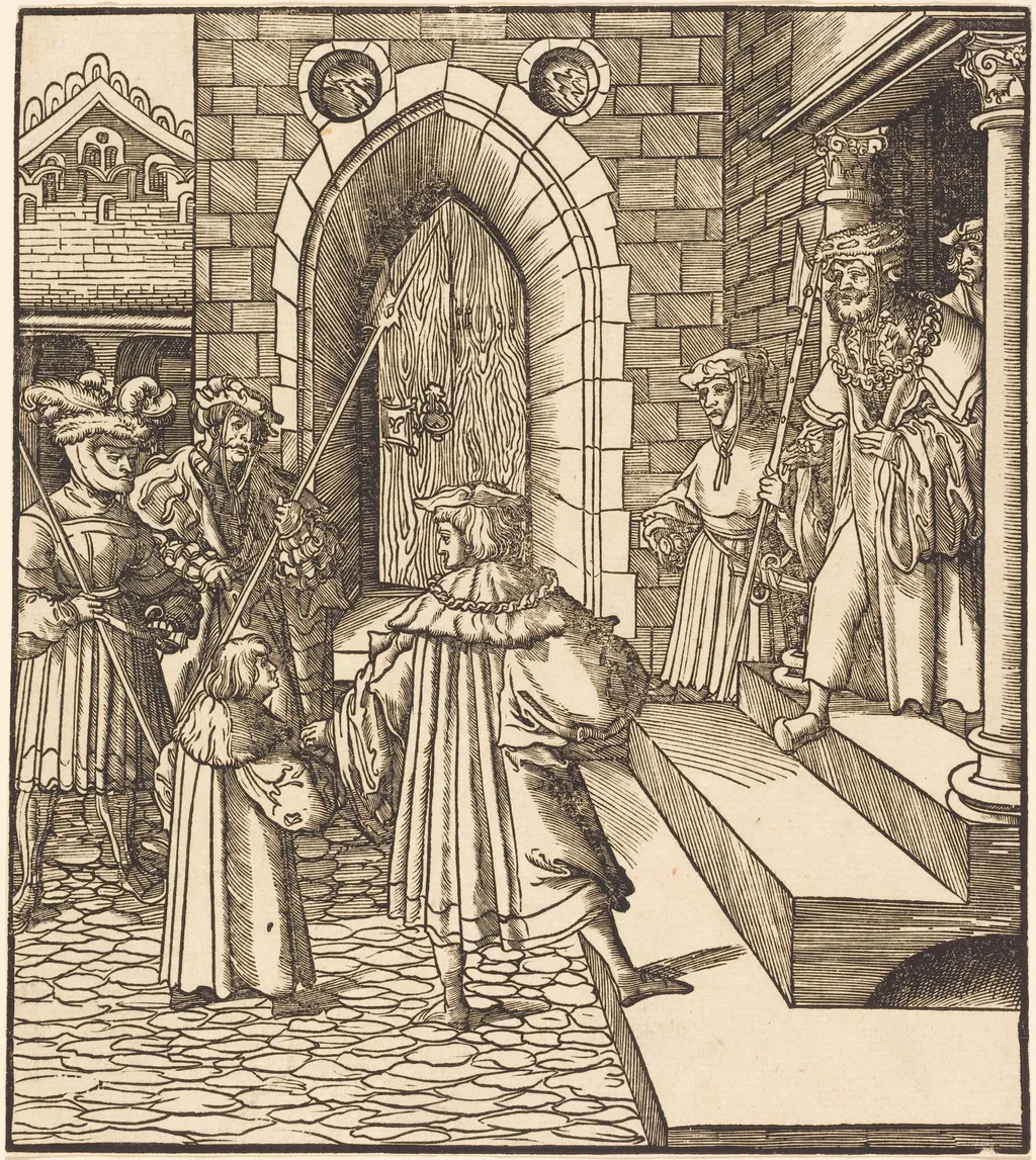 Three Men and a Boy in the Court of a Castle, to the Right Three Men on a Staircase, by Leonhard Beck, ink, 1515