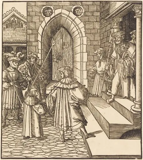 Three Men and a Boy in the Court of a Castle, to the Right Three Men on a Staircase, by Leonhard Beck