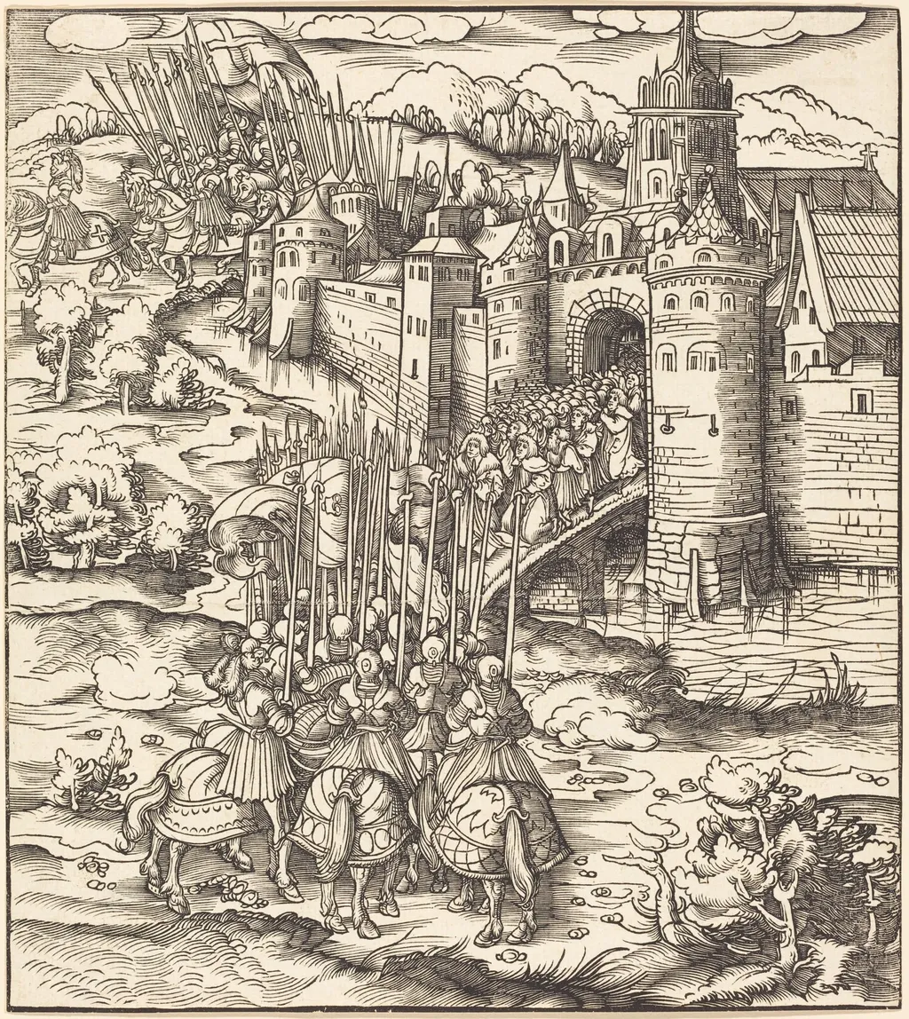 Various Men Kneeling on a Bridge in front of a Town, by Leonhard Beck, ink, 1515
