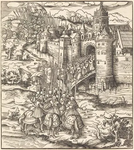 Various Men Kneeling on a Bridge in front of a Town, by Leonhard Beck