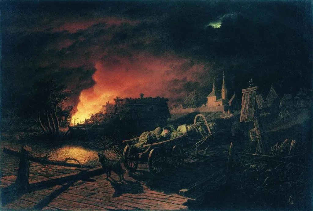 The Fire in the Village at Night, by Leonid Solomatkin, oil, 1867