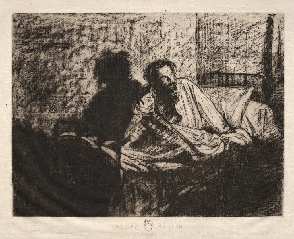 Portrait of Meryon Sitting Up in Bed, by Léopold Flameng, 1858