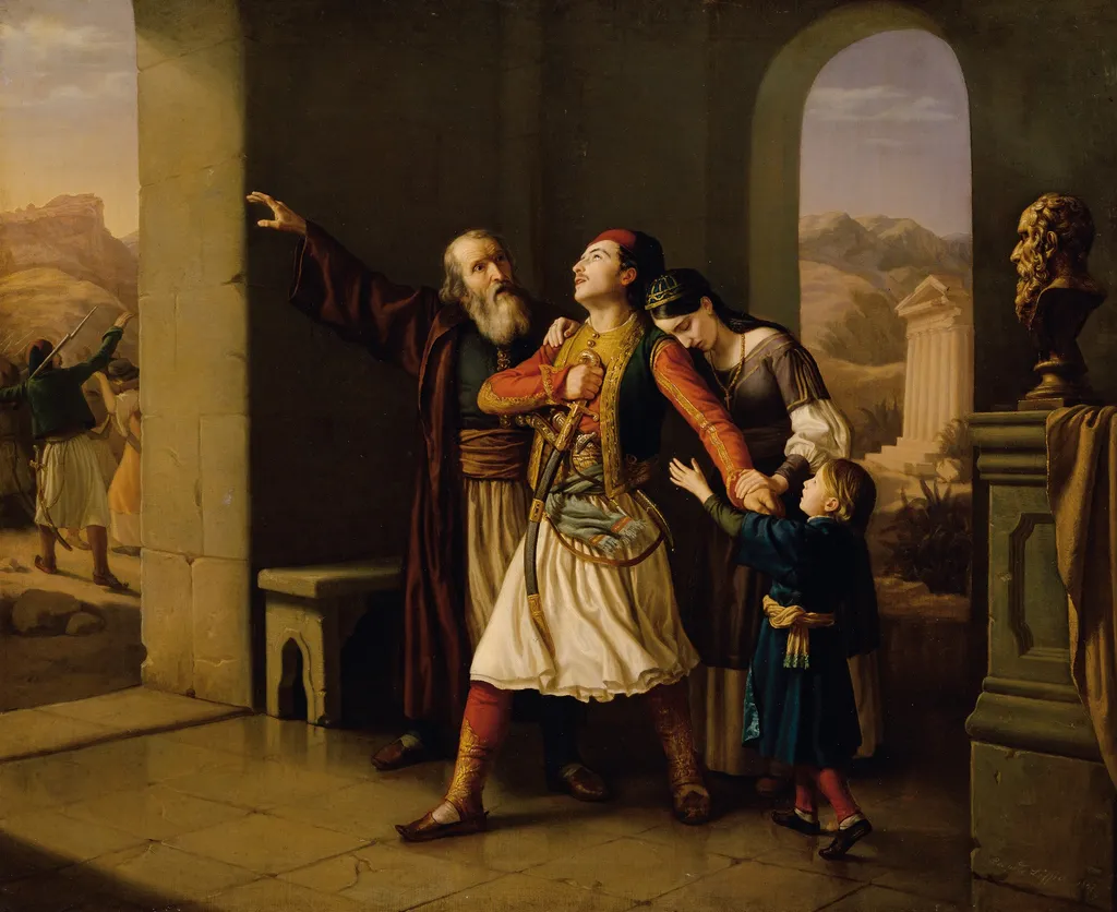 Ein griechischer Krieger nimmt Abschied, by Leopold Loeffler, oil, 1847