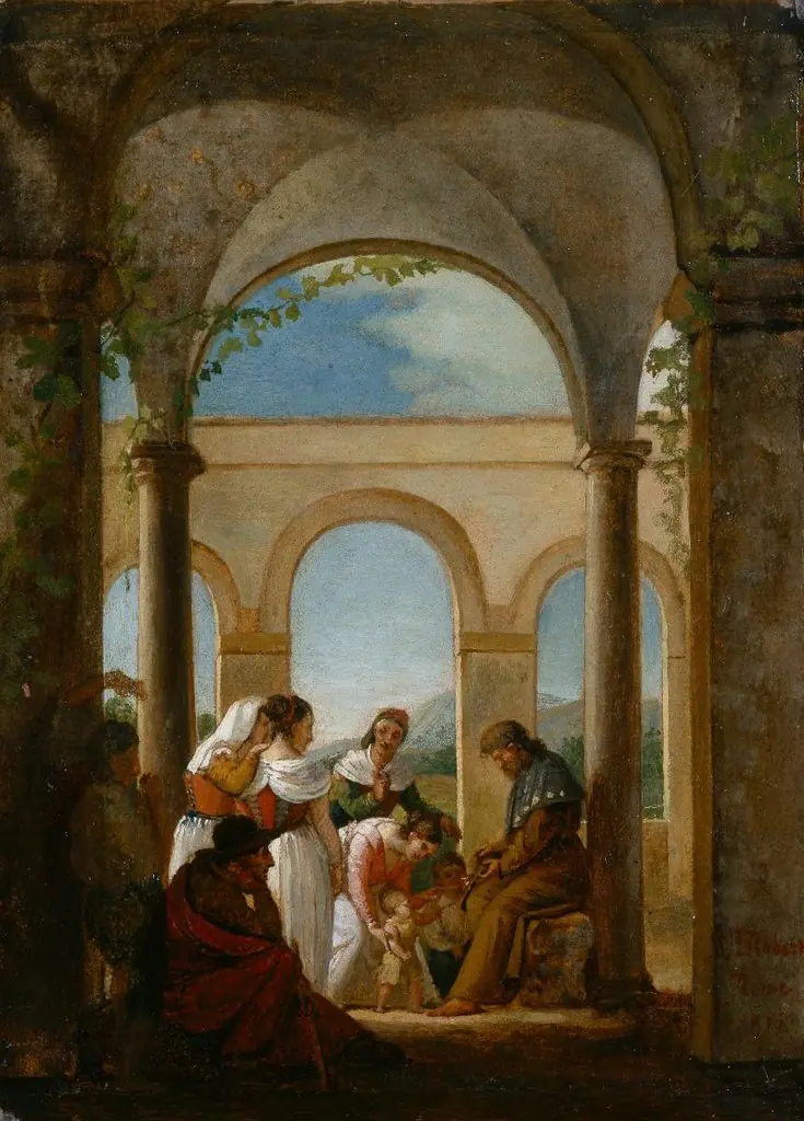 Frauen und Kinder vor einem Pilger in einem Portikus, by Léopold Robert
