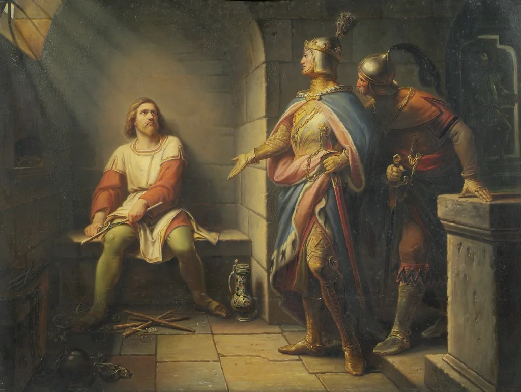 Ludwig der Bayer verkündet Friedrich dem Schönen 1314 seine Freilassung und bietet ihm die Mitregentschaft an, by Leopold Schulz, oil, 1864