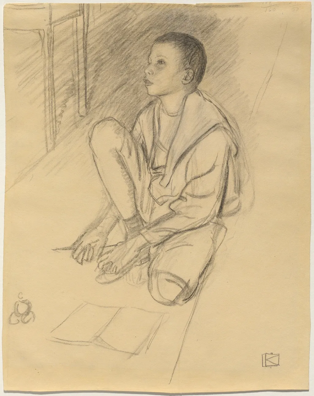 The Artist's Son Wolf Crouching on the Floor, by Leopold von Kalckreuth, charcoal, 1900