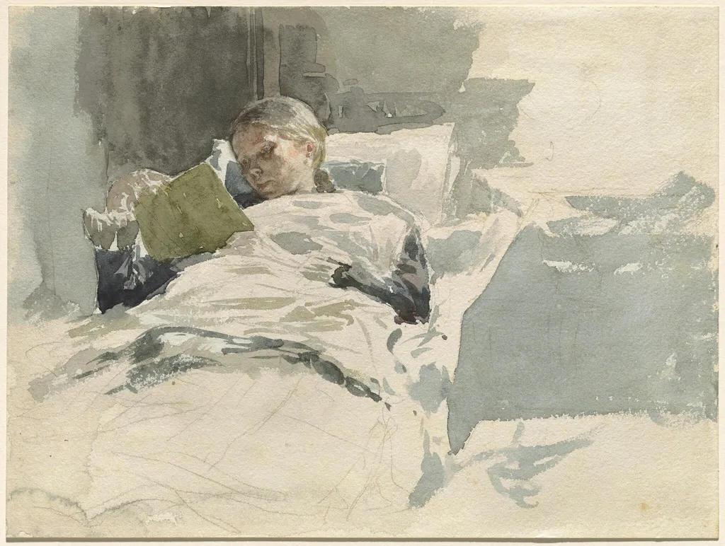 The Artist's Wife Reading in Bed, by Leopold von Kalckreuth, graphite, 1888