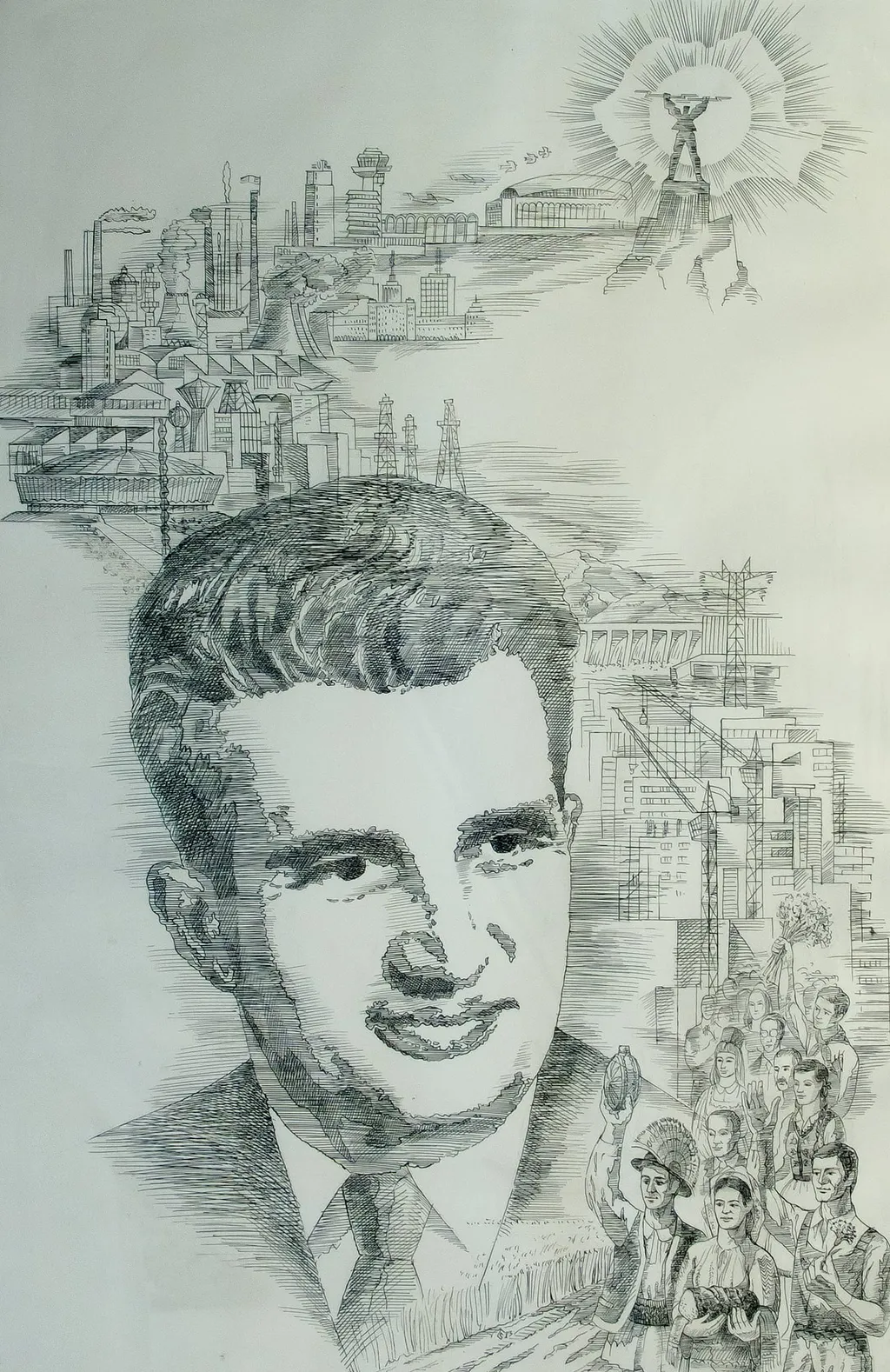 Tablou, desen cu tuș, portret Nicolae Ceaușescu pe fundal industrial, nesemnat, nedatat; atribuit lui Levente Csutak. Fundalul industrial este prezentat sub forma unui drum al realizărilor socialismului - la baza drumului stau oamenii muncii, continuă cu realizările: fabrici, uzine, combinate, hidrocentrala de la Porțile de Fier, clădirea Circului de Stat, Sala Palatului, statuia lui Prometeu de la Barajul Vidraru este luminată de un soare în formă de harta RSR. Deși nu este o realizare a socialismului este reprezentată și Coloana Infinitului a lui Brâncuși. Oferit de Comitetul Județean de Partid Brașov (1983)., by Levente Csutak, 1990