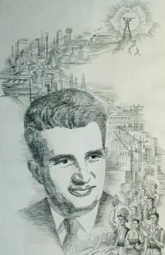 Tablou, desen cu tuș, portret Nicolae Ceaușescu pe fundal industrial, nesemnat, nedatat; atribuit lui Levente Csutak. Fundalul industrial este prezentat sub forma unui drum al realizărilor socialismului - la baza drumului stau oamenii muncii, continuă cu realizările: fabrici, uzine, combinate, hidrocentrala de la Porțile de Fier, clădirea Circului de Stat, Sala Palatului, statuia lui Prometeu de la Barajul Vidraru este luminată de un soare în formă de harta RSR. Deși nu este o realizare a socialismului este reprezentată și Coloana Infinitului a lui Brâncuși. Oferit de Comitetul Județean de Partid Brașov (1983)., by Levente Csutak