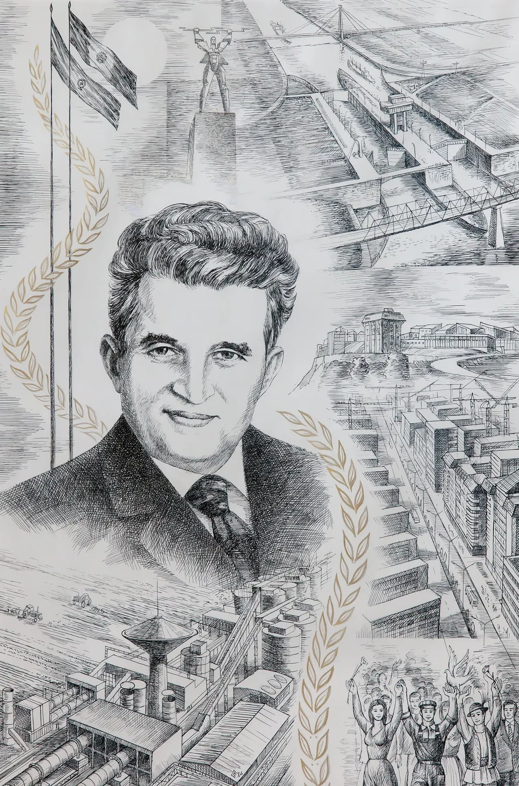 Tablou, tuș pe hârtie, „Ctitorul”, atribuit lui Levente Csutak. Tabloul îl prezintă pe Nicolae Ceaușescu și realizările sale - Canalul Dunăre Marea Neagră, Combinatul Petrochimic Midia Năvodari, Prometeu (statuia de la Barajul Vidraru), modernizarea orașelor - construcția de blocuri de locuințe pentru oamenii muncii. În partea dreaptă jos este reprezentat un grup de oameni entuziaști. Comandat și oferit de Comitetul Județean de Partid Brașov (1983)., by Levente Csutak, 1990