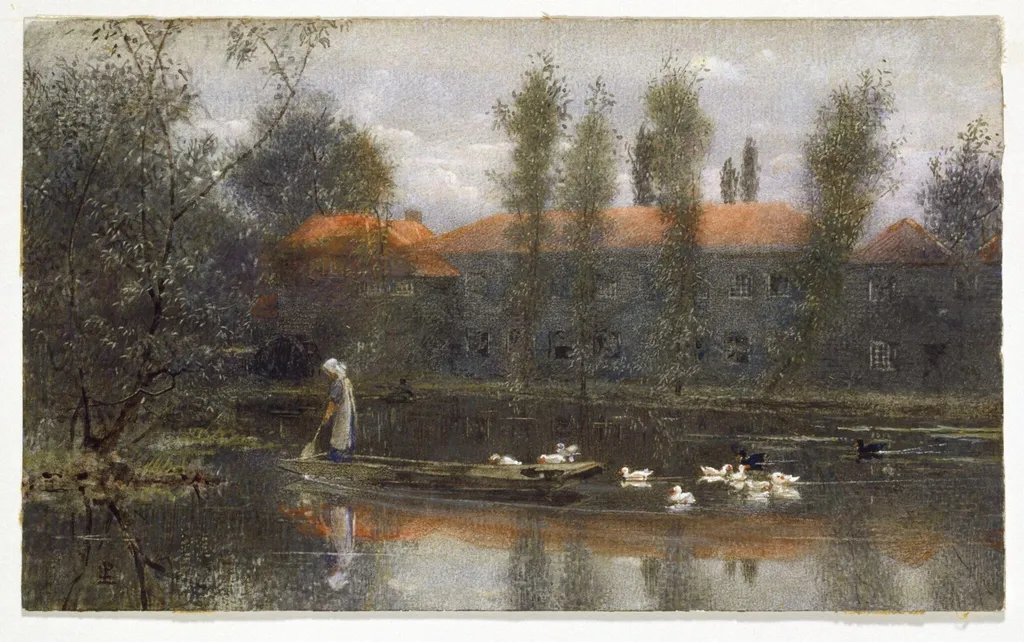 The Pond at William Morris's Works at Merton, by Lexden Lewis Pocock, watercolor, 1884