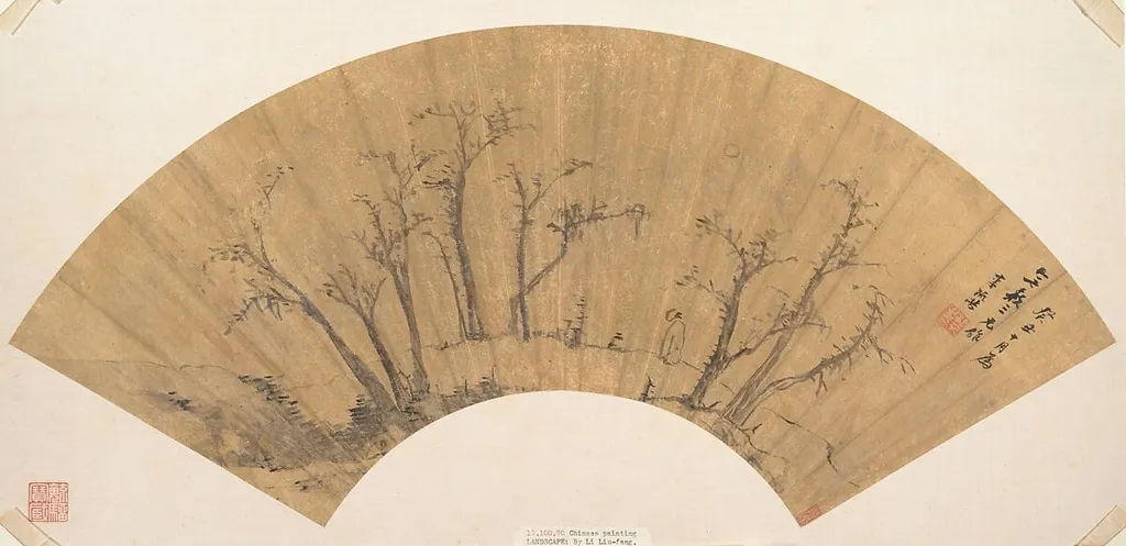明 李流芳 疏林小景 扇|Figure standing in a grove of trees, by Li Liufang, ink, 1613