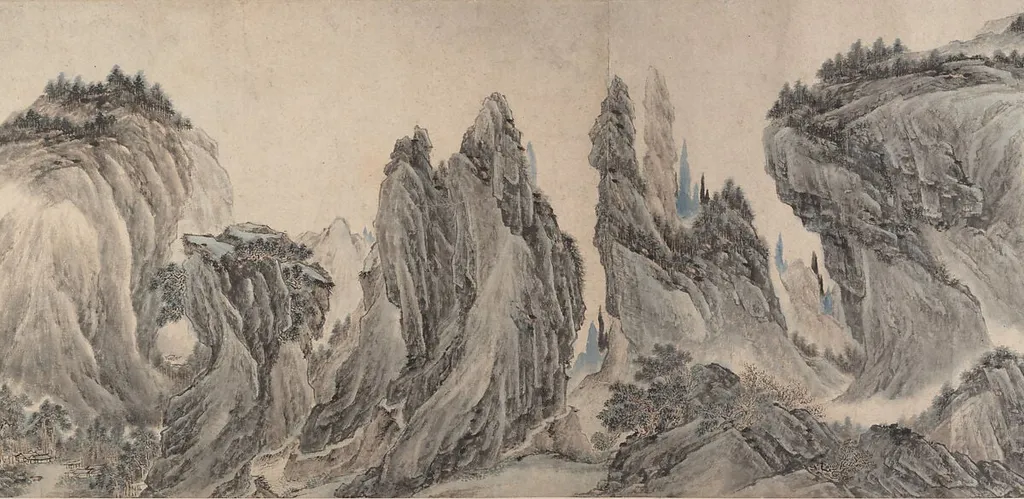 明/清 李在 董巨馬夏合風山水圖 卷|Landscape after Dong Yuan, Juran, Ma Yuan, and Xia Gui, by Li Zai, ink, 1655