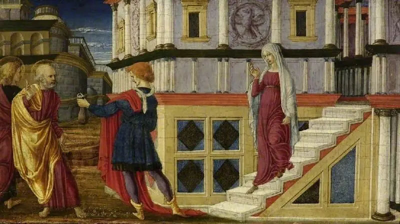 Simon Magus offering St Peter money for the power of conferring The Holy Spirit, by Liberale da Verona