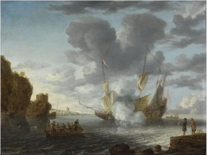 A Seaport with a Vessel Firing a Salute, by Lieve Verschuier
