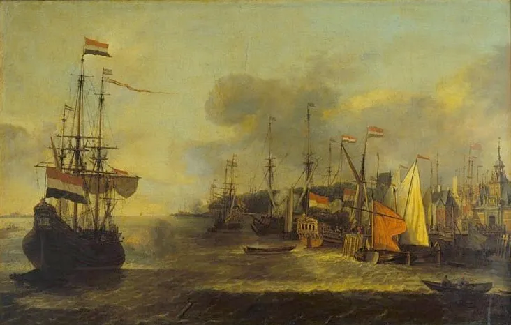 Harbour of Rotterdam, by Lieve Verschuier, oil, 1655