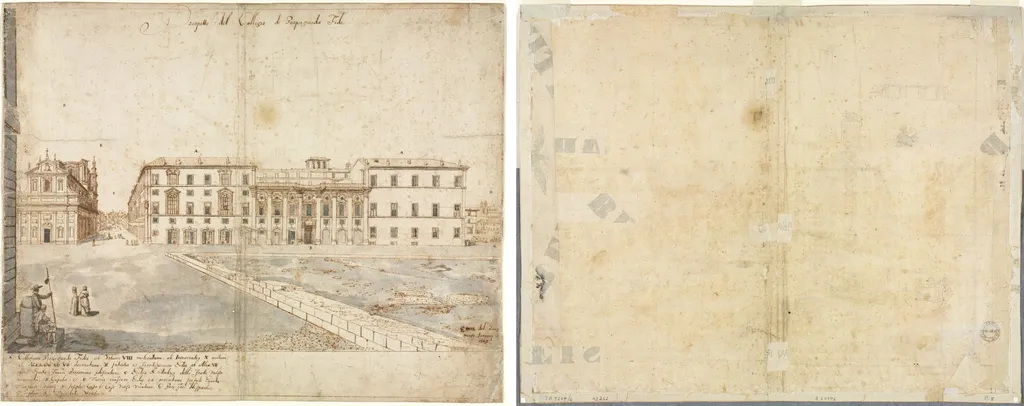 Eighteen Views of Rome: The Collegio di Propaganda Fide (recto); Sketches of Windows and Pilasters of the Attic Storey of the Collegio di Propaganda Fide (verso), by Lievin Cruyl, 1665