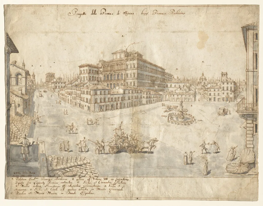 Eighteen Views of Rome: The Piazza Barberini (recto), by Lievin Cruyl, 1665
