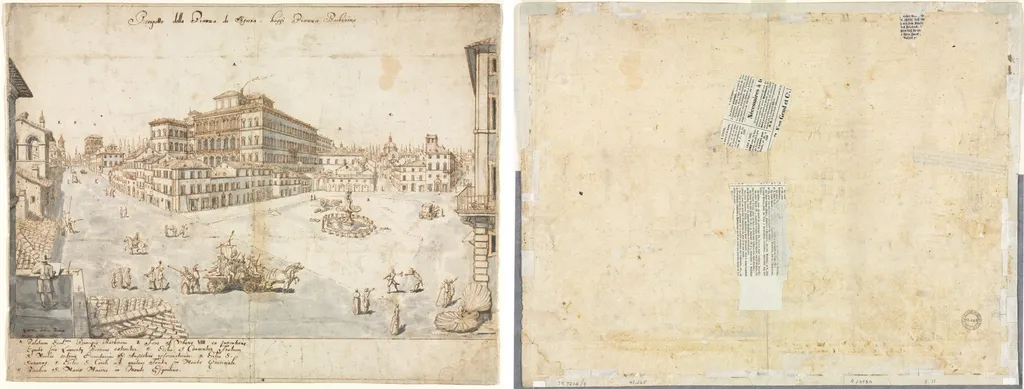 Eighteen Views of Rome: The Piazza Barberini (recto); Tracing of a Fountain from recto and Sketches of Two Faces (verso), by Lievin Cruyl, 1665