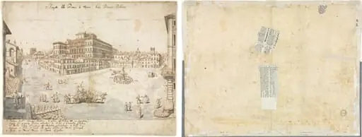 Eighteen Views of Rome: The Piazza Barberini (recto); Tracing of a Fountain from recto and Sketches of Two Faces (verso), by Lievin Cruyl