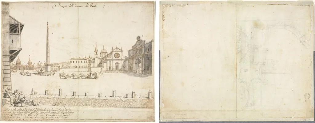 Eighteen Views of Rome: The Piazza del Popolo (recto); Sketch for San Giovanni in Laterano (verso), by Lievin Cruyl, 1664