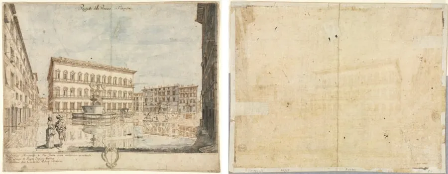 Eighteen Views of Rome: The Piazza Farnese (recto); Cartouche (verso), by Lievin Cruyl, 1664
