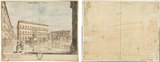 Eighteen Views of Rome: The Piazza Farnese (recto); Cartouche (verso), by Lievin Cruyl