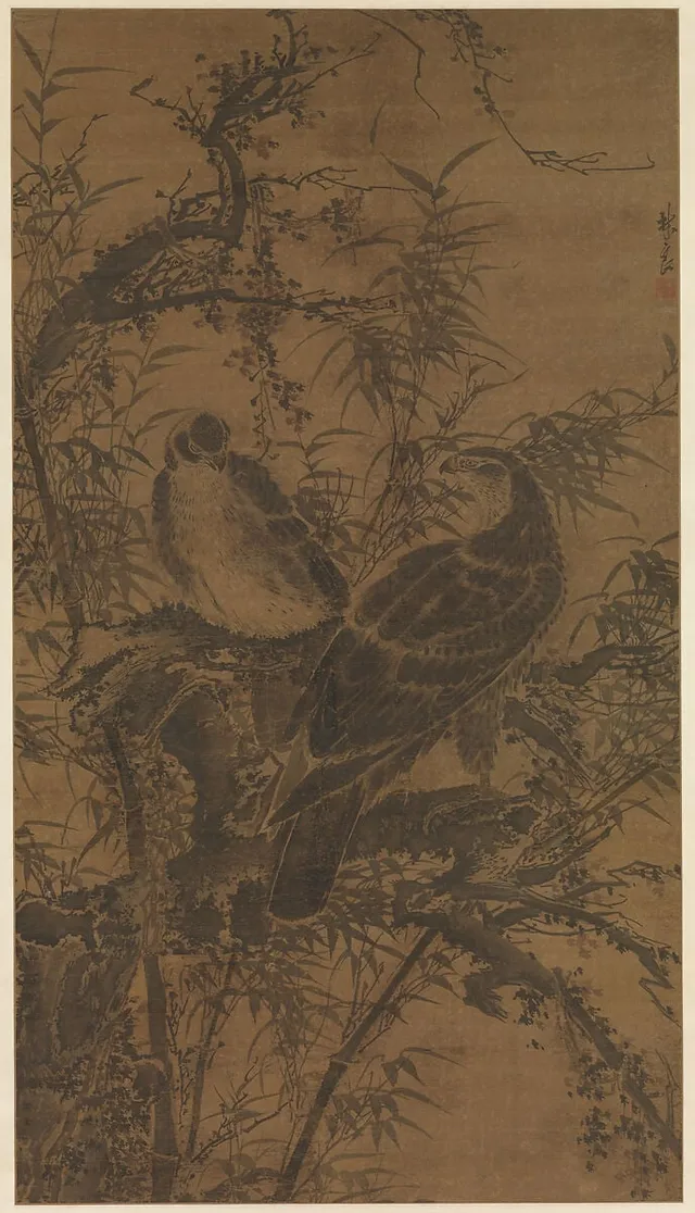 明  林良  二鷹圖  軸|Two hawks in a thicket