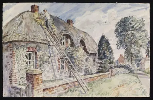 Mending the Thatch; A cottage at Little Avebury, by Lines