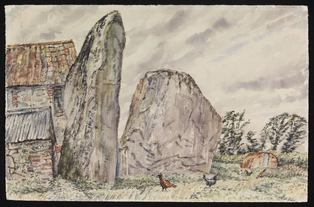 Monoliths in a farmyard, Avebury, by Lines, watercolor, 1942