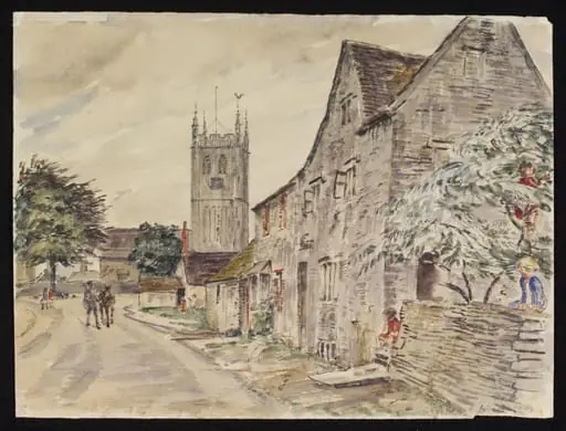 The Church and Noble Street, Sherston, by Lines