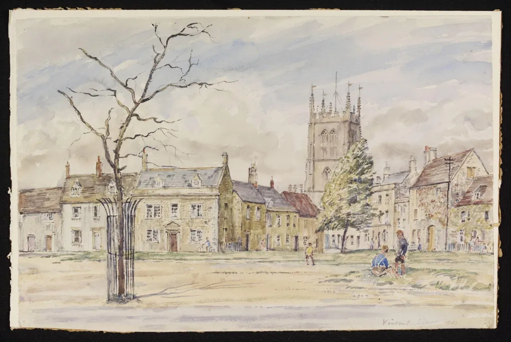 The Green and Church, Calne, by Lines, watercolor, 1942