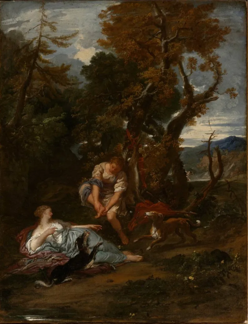 Huntresses Resting, by Livio Mehus, oil, 1650