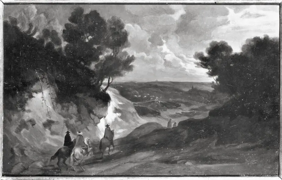 Landscape with hollow path and three riders (copy after), by Lodewijk de Vadder