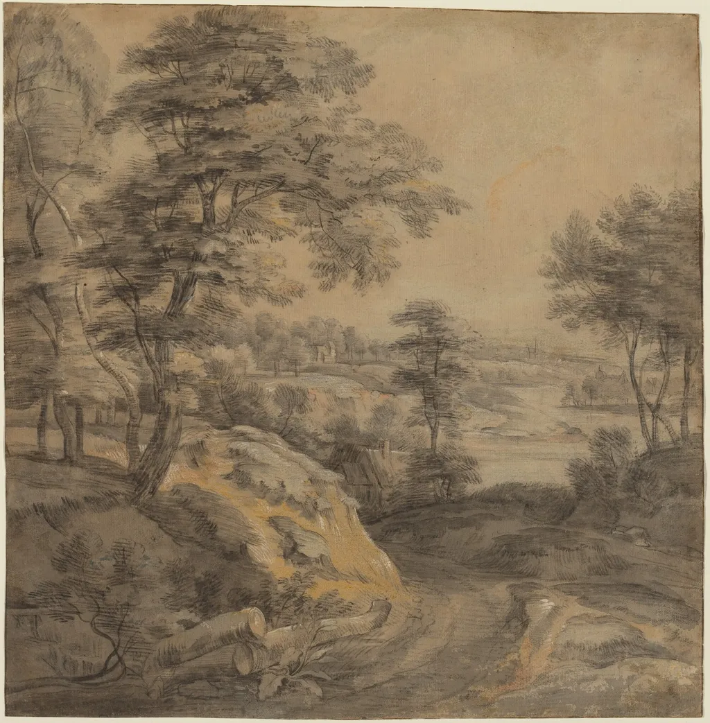 Wooded Landscape with a Road, by Lodewijk de Vadder, chalk, 1630