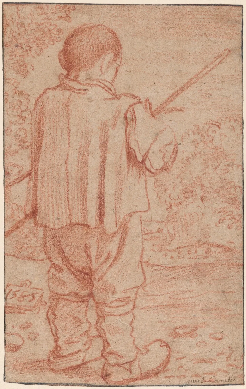 Standing Boy in a Landscape, by Lodovico Carracci, chalk, 1585