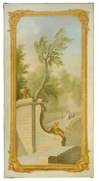 Park Landscape with Figures on a Staircase. Decorative Painting for a Private Residence, by Lorens Gottman