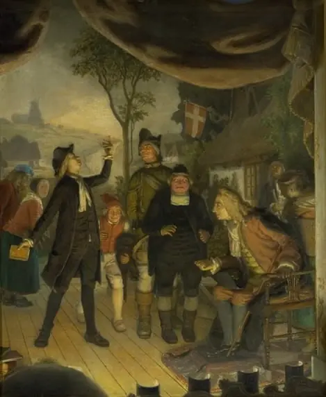 Ludvig Holberg Attending a Rehearsal of his Play Erasmus Montanus, Act IV, Scene 2, by Lorenz Frølich