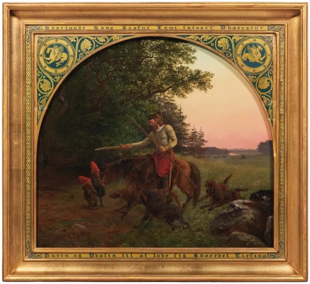 The King Svafur Forces Durin and Dvalin to Promise him the Tirfing Sword, by Lorenz Frølich, oil, 1839